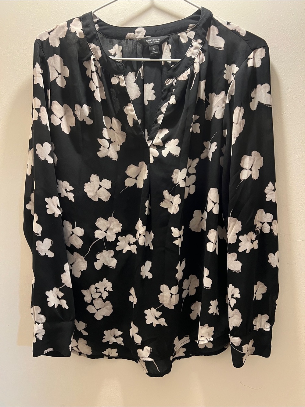 Vera Wang Black Blouse with Cream Floral Print